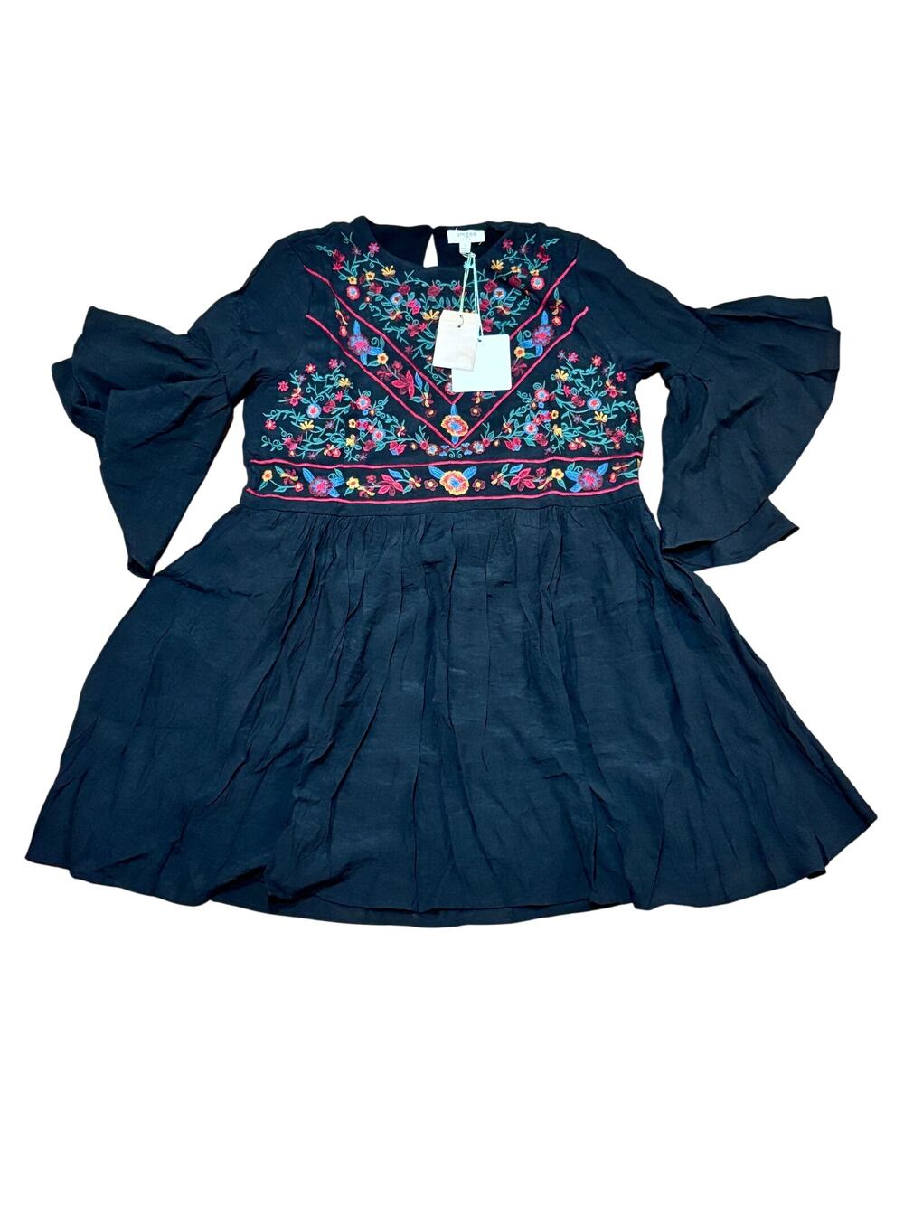 Umgee Dress Boho Bliss Embroidered Women's Small NWT Black 1/2 Bell Sleeve C0384